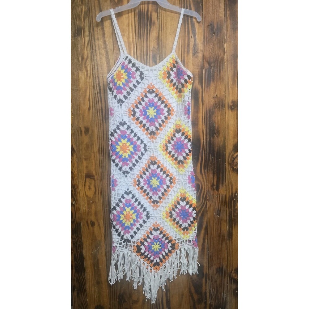 Willow & Wind Crochet Granny Boho Square Slip Dress Fringed Hem, Women's Medium